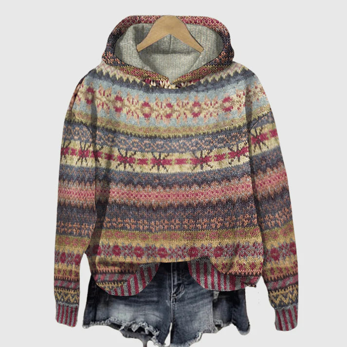 Relaxed fit women's Fair Isle hoodie. Classic patterned long sleeve sweater, ideal for fall/winter layering.