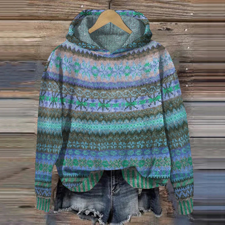 Cozy women's vintage Fair Isle hoodie. Soft knit outerwear with classic pattern, great for casual winter style.