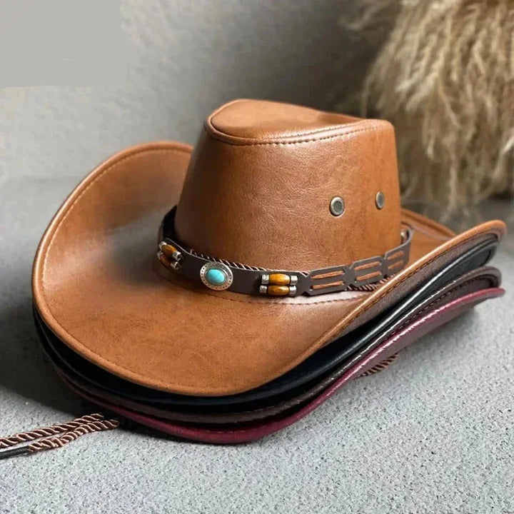 Women's vintage faux leather cowboy hat with intricate turquoise band, perfect for western wear & festivals.