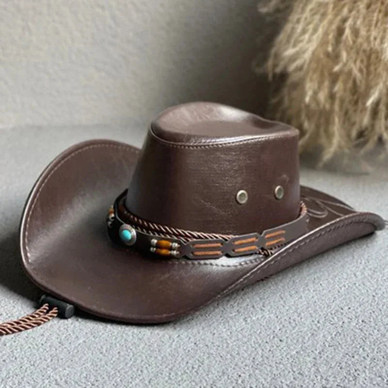 Stylish women's faux leather cowboy hat, vintage design, featuring a decorative turquoise stone band detail.