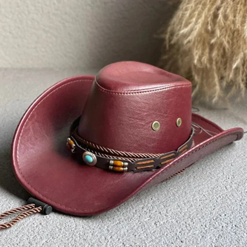 Classic western women's cowboy hat, vintage brown faux leather, embellished with a vibrant turquoise band.