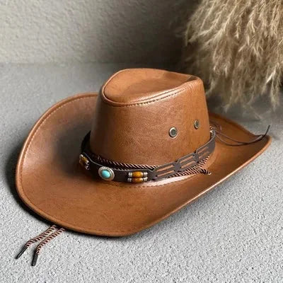 Elegant women's vintage faux leather cowboy hat with a unique turquoise band for a touch of western style.