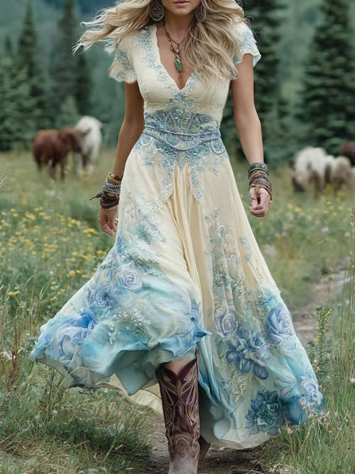 Elegant women's vintage floral maxi dress featuring a flattering v-neck & vibrant gradient print. Flowy & long.