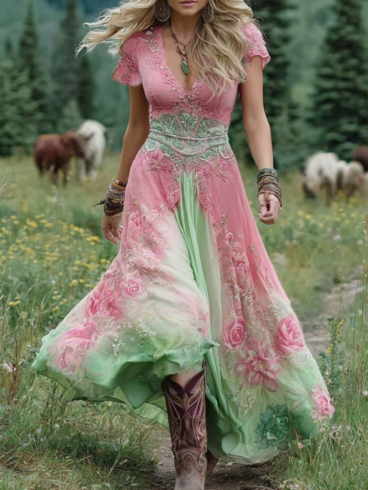 Women's long floral maxi dress, vintage style with a beautiful gradient print. Perfect for elegant summer occasion wear.