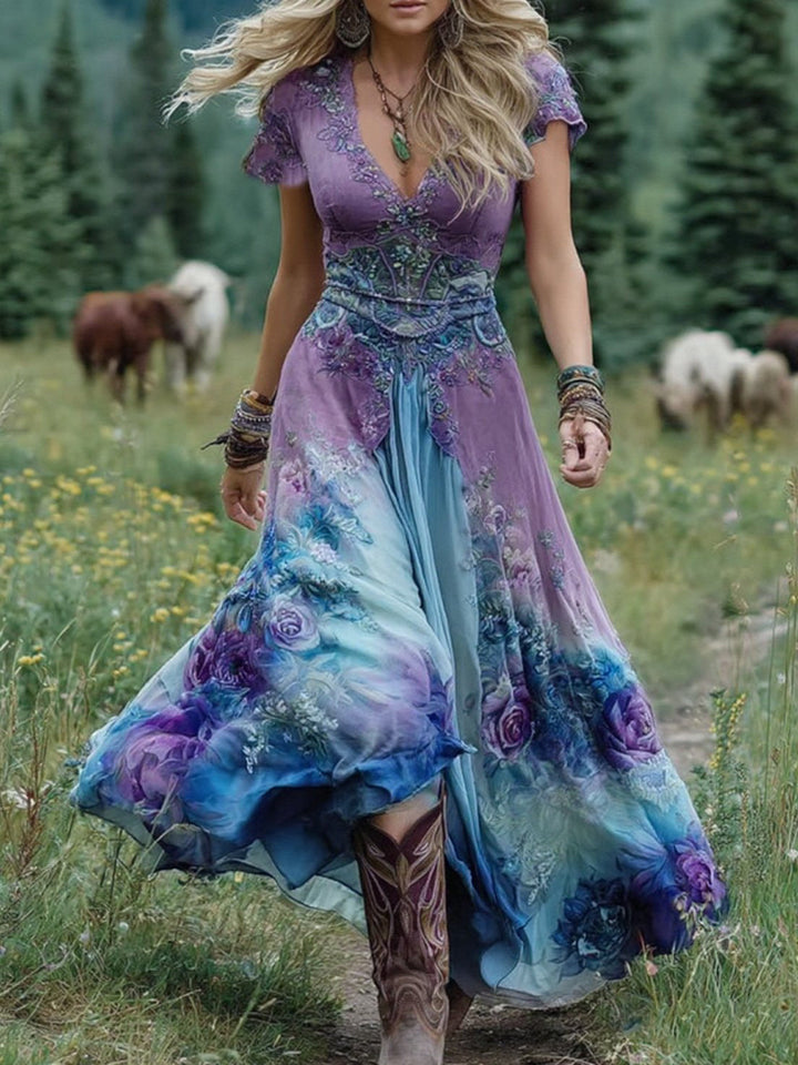 Flowy women's vintage floral maxi dress. Comfortable boho-chic long dress with elegant v-neck & unique gradient print.