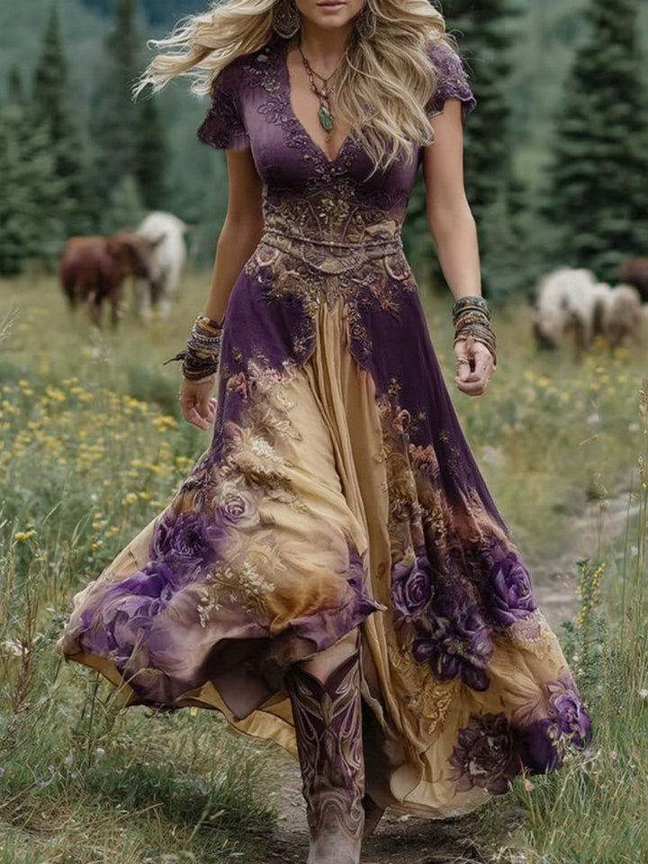 Spring/summer women's vintage floral maxi dress. Eye-catching gradient print, elegant v-neck, long flowy design.