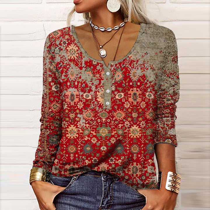 Women's vintage floral print long sleeve top with a v-neck, perfect for elegant casual wear.