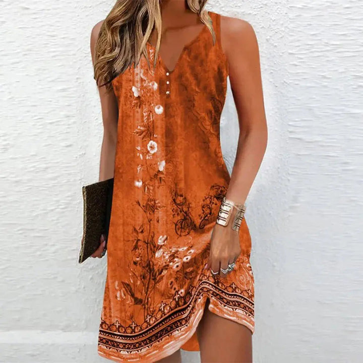 Women's retro floral summer dress. Sleeveless V-neck, casual elegant midi style. Perfect for spring fashion and holidays.