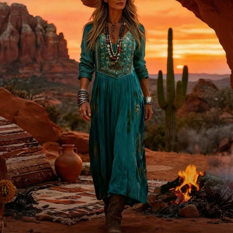 Stylish women's V-neck long sleeve flowy dress. Perfect casual vintage look for spring fashion & everyday wear.