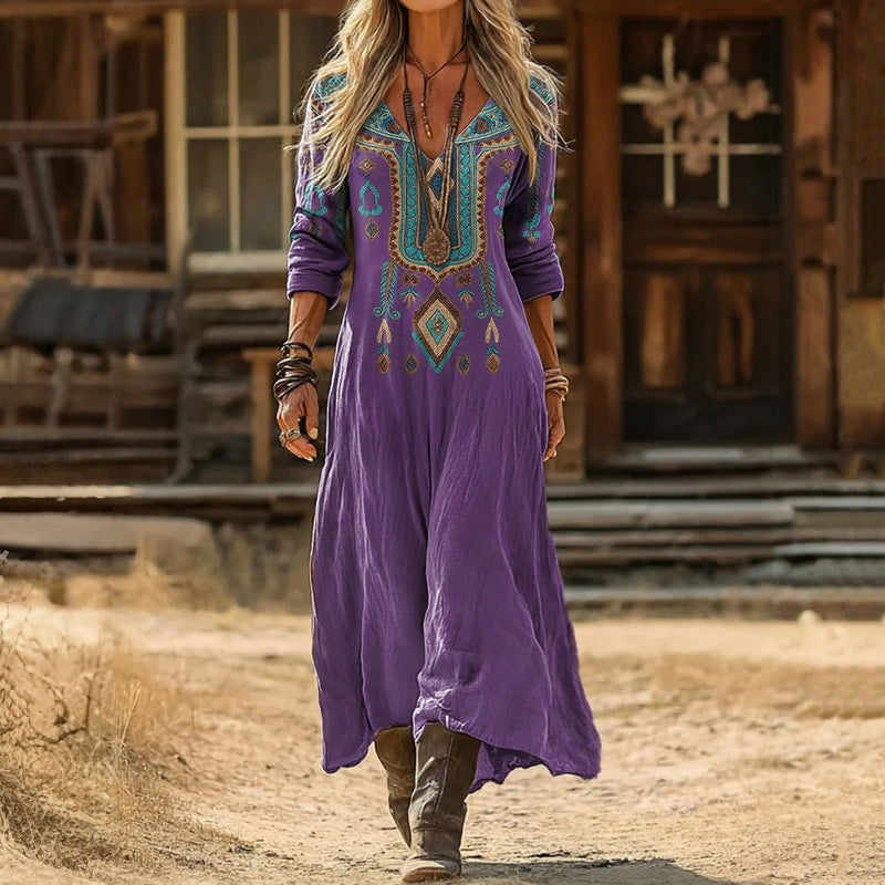 Relaxed fit long sleeve purple midi dress for women. Vintage-style V-neck casual dress, perfect for spring & summer.