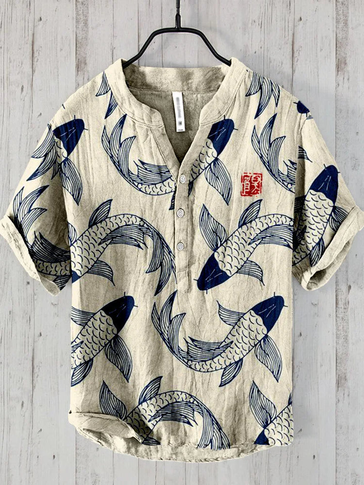 Women's vintage Japanese fish art shirt. Stylish button-down top with unique aquatic print, perfect for summer casual wear.