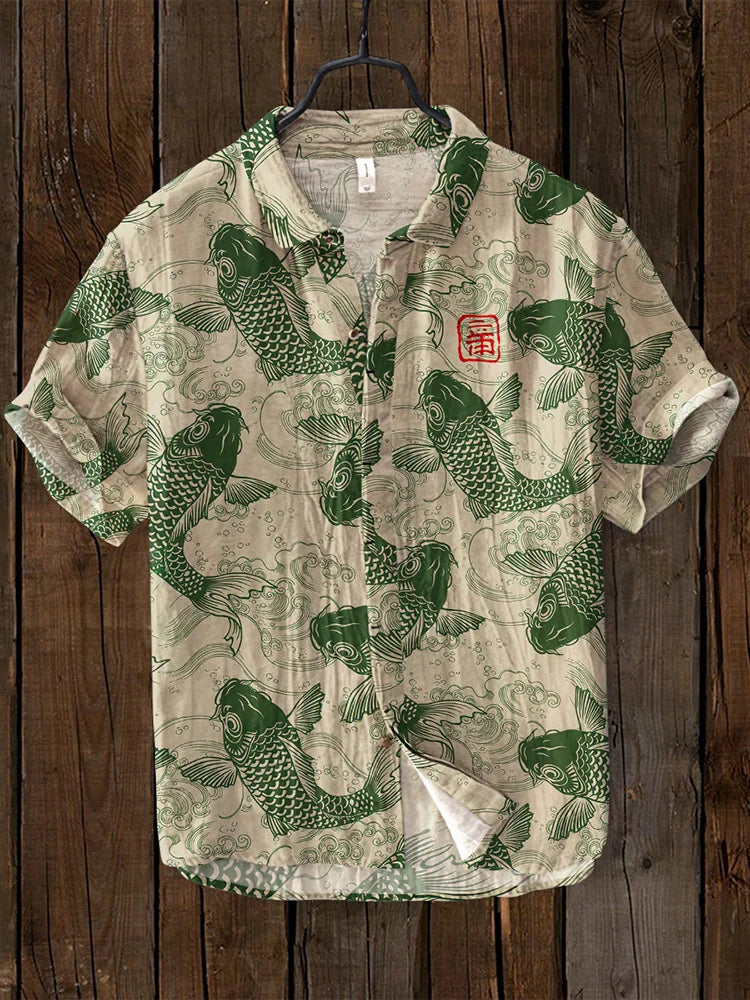 Unique women's vintage Japanese fish print shirt. Casual, stylish button-down top for summer and beachwear fashion.