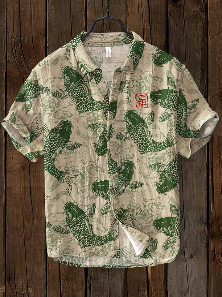 Unique women's vintage Japanese fish print shirt. Casual, stylish button-down top for summer and beachwear fashion.