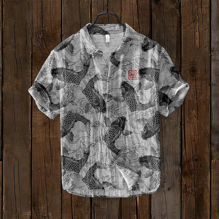 Women's casual top featuring vintage Japanese fish art print. Unique summer shirt with a stylish aquatic design.