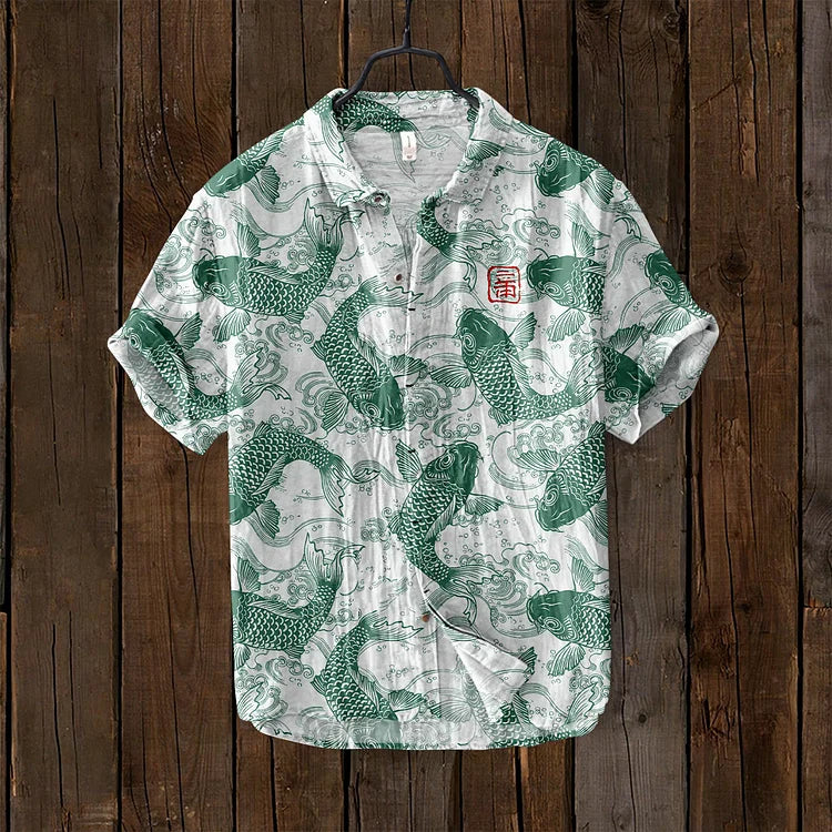 Stylish women's vintage Japanese fish print shirt. Casual button-down top for beachwear or unique summer fashion.