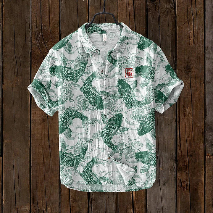 Stylish women's vintage Japanese fish print shirt. Casual button-down top for beachwear or unique summer fashion.