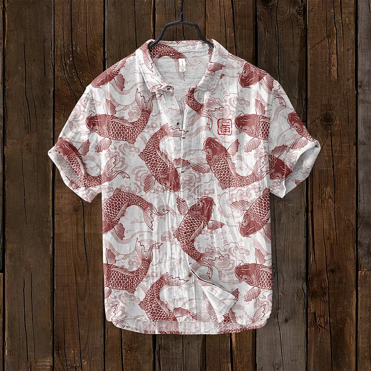 Vintage Japanese fish art print on a women's casual button-down shirt. Unique summer top with stylish aquatic design.