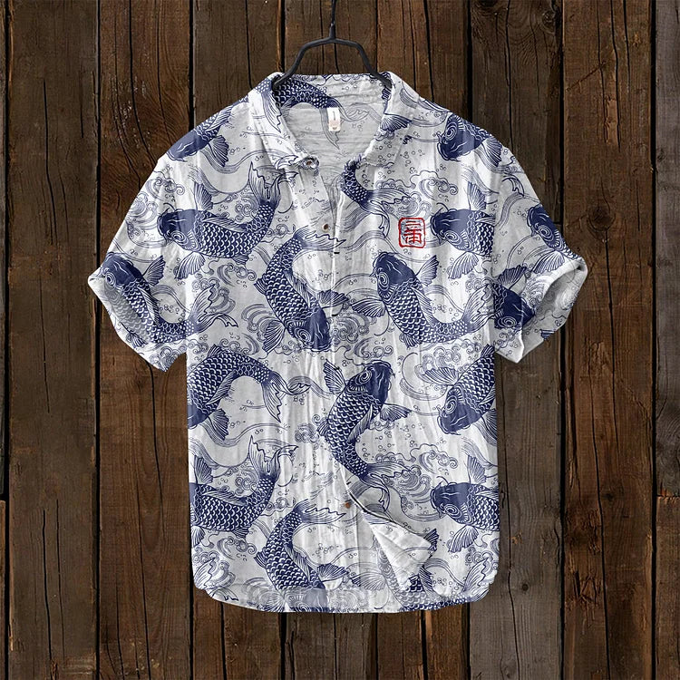 Women's unique vintage Japanese fish art shirt. Casual summer button-down top with a stylish, eye-catching print.