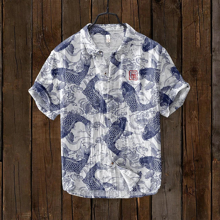 Women's unique vintage Japanese fish art shirt. Casual summer button-down top with a stylish, eye-catching print.