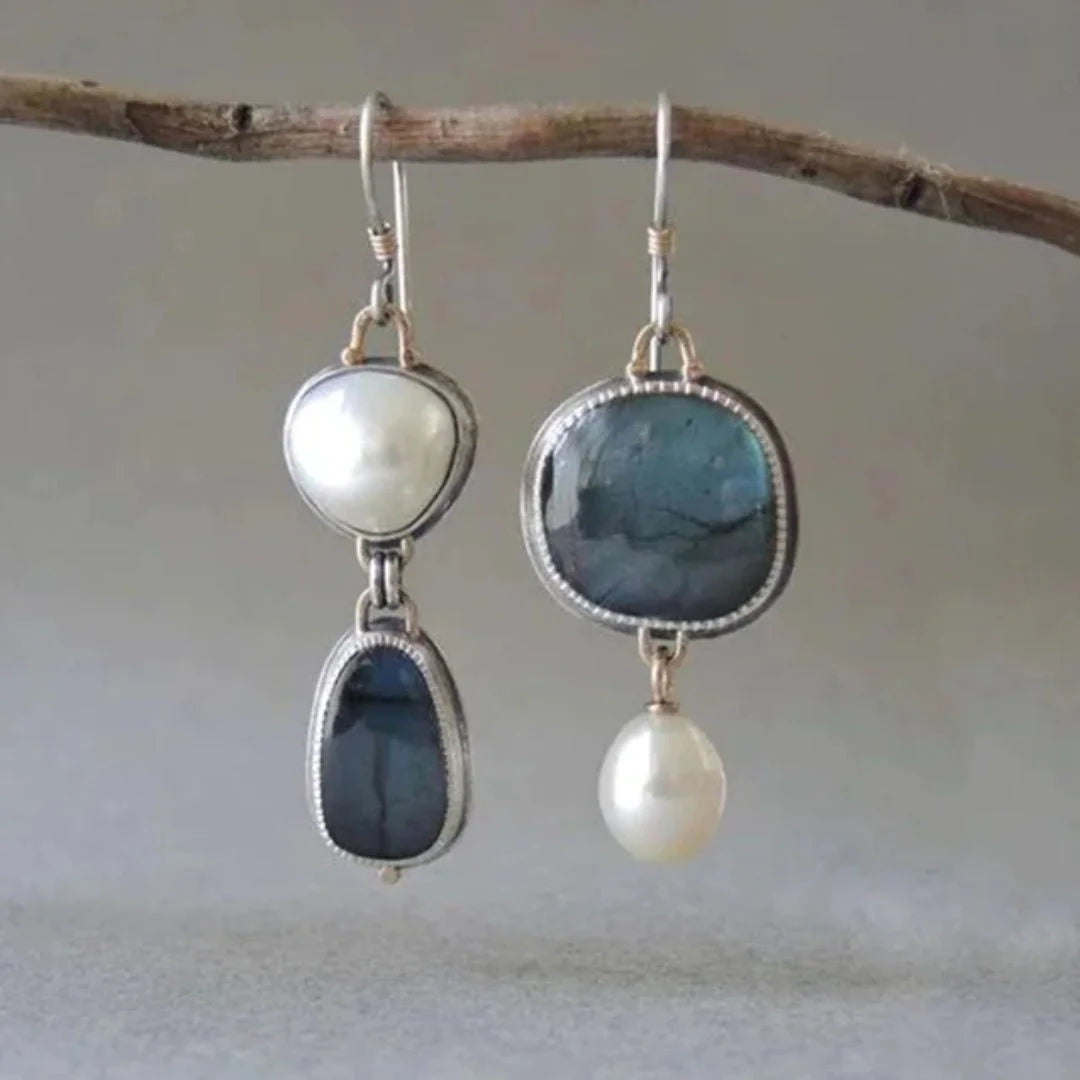 Women's vintage mismatched blue gem & pearl drop earrings. Elegant statement jewelry for a unique look.