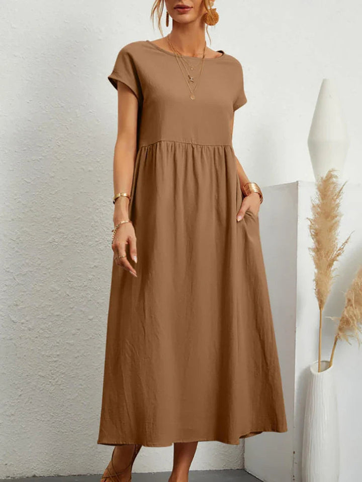 Comfortable vintage O-neck summer dress for women, chic everyday apparel.