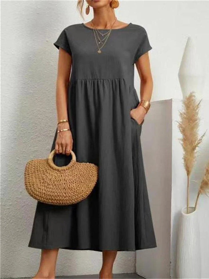 Versatile vintage O-neck day dress for women, elegant for casual summer fashion.