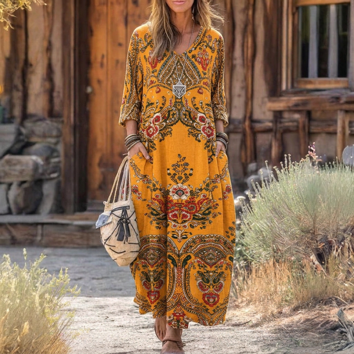 Women's vintage oversized long sleeve dress in mustard yellow, perfect for casual spring or summer wear.