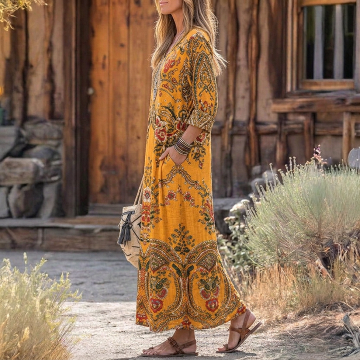 Comfortable women's oversized vintage long sleeve dress. Stylish mustard yellow casual wear for spring & summer.