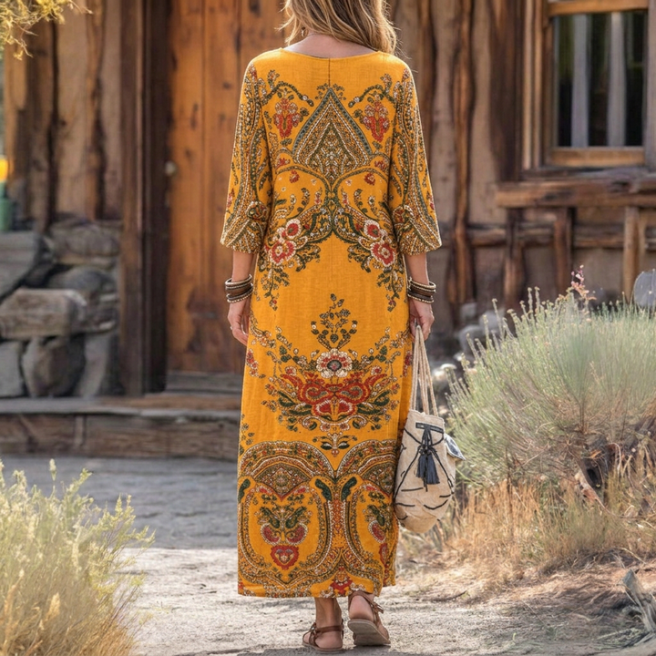 Flowy mustard yellow oversized long sleeve vintage dress for women. A comfortable & casual spring/summer style.