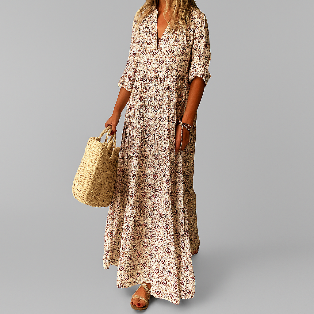 Flowy women's vintage floral print maxi summer dress, perfect for casual wear