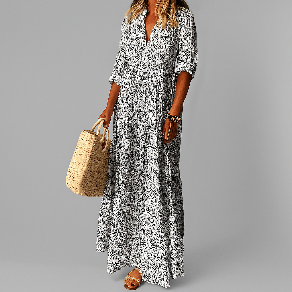 Lightweight V-neck maxi dress for women featuring a retro vintage print