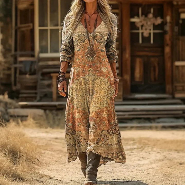 Flowing bohemian women's maxi dress. Vintage print, V-neck long sleeve, perfect for casual spring & autumn fashion.