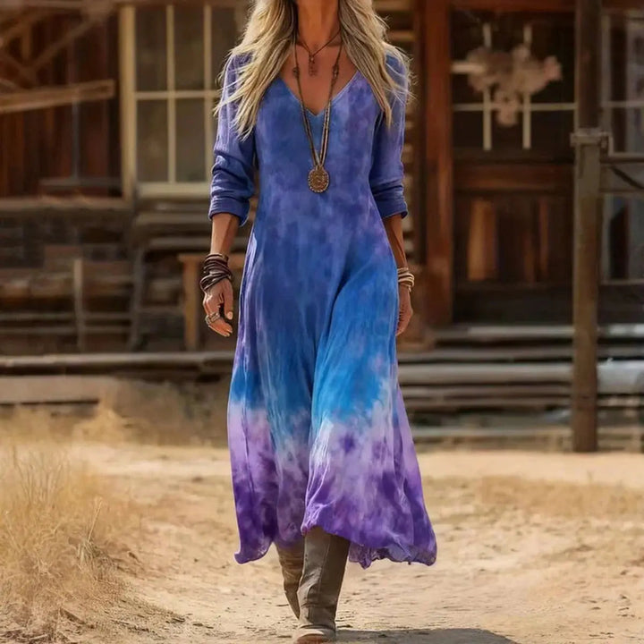 Effortless V-neck long sleeve women's maxi dress. Boho vintage print, relaxed fit for casual spring & autumn fashion.