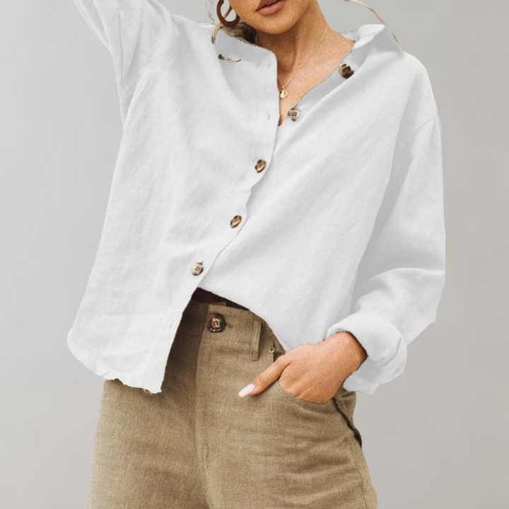Women's vintage relaxed fit cotton linen blend blouse with classic collar and long sleeves