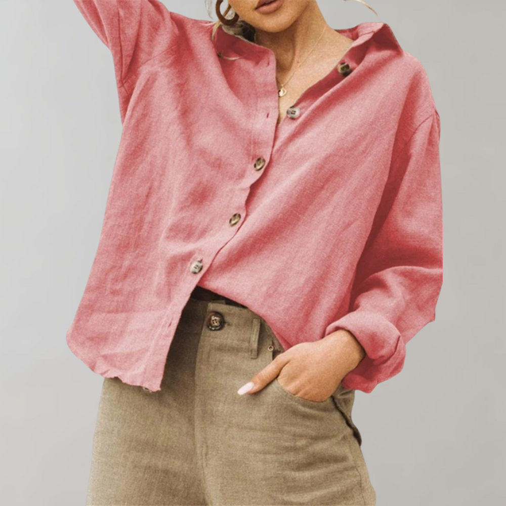 Casual women's long sleeve button-down shirt in a relaxed fit linen blend fabric