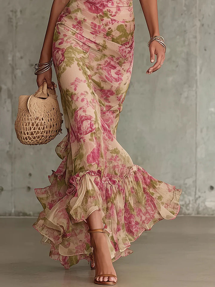 Casual yet elegant vintage rose puff sleeve maxi dress for women, ideal for summer parties or relaxed wear.