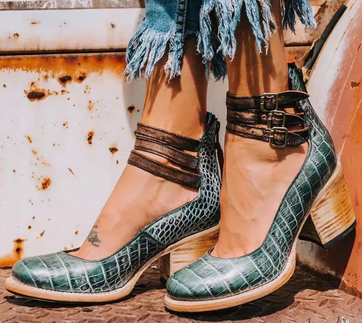 Womens fashion heels: strappy, vintage style with an elegant ankle strap & stable block heel.