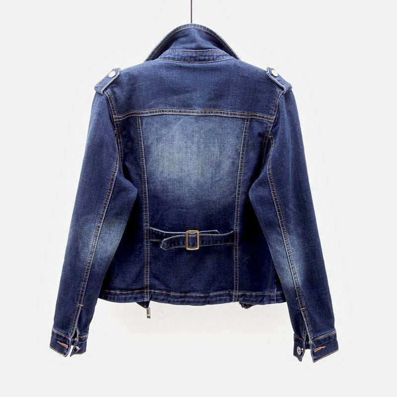 Classic women's blue denim jacket with buttons. Vintage style, ideal casual outerwear for spring & autumn fashion.