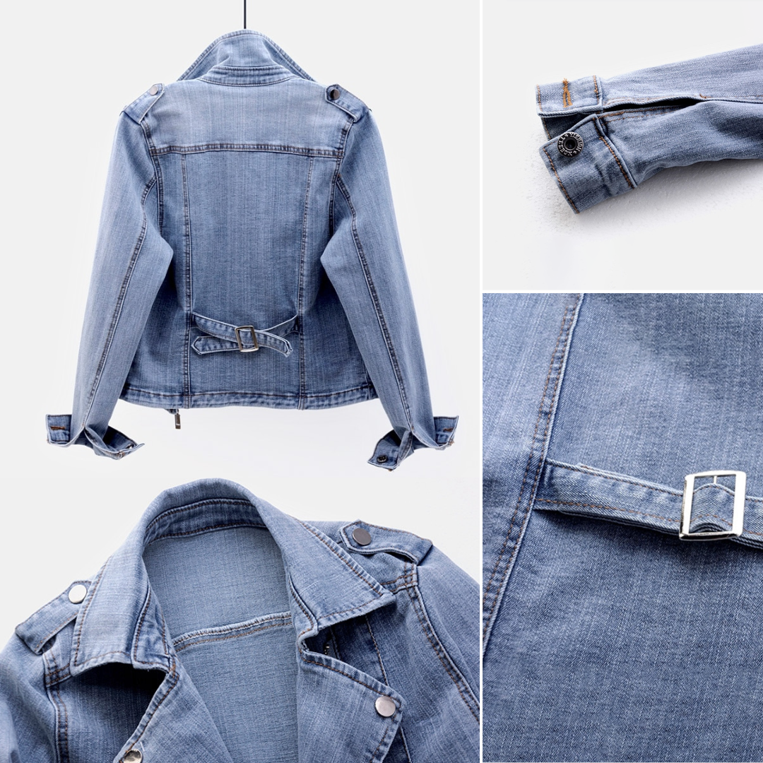 Women's vintage blue denim jacket, a versatile casual layering piece. Timeless button-up for spring & autumn fashion.
