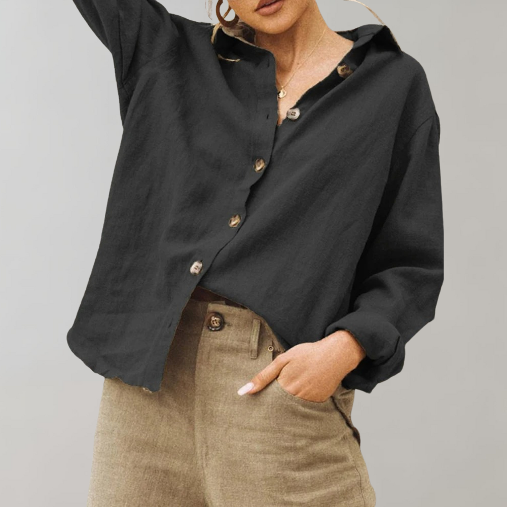 Women's vintage style button-down blouse, long sleeve, oversized fit for comfortable everyday wear.