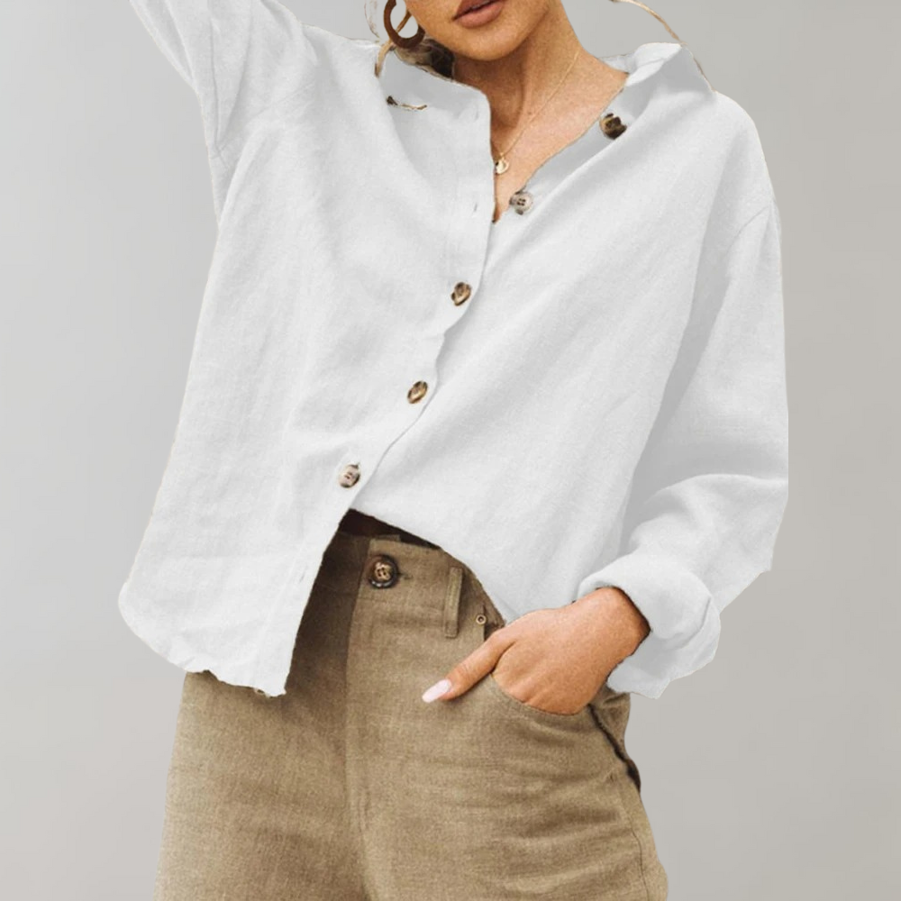 Chic women's vintage button-down top, long sleeve, relaxed fit, an elegant & versatile everyday blouse.