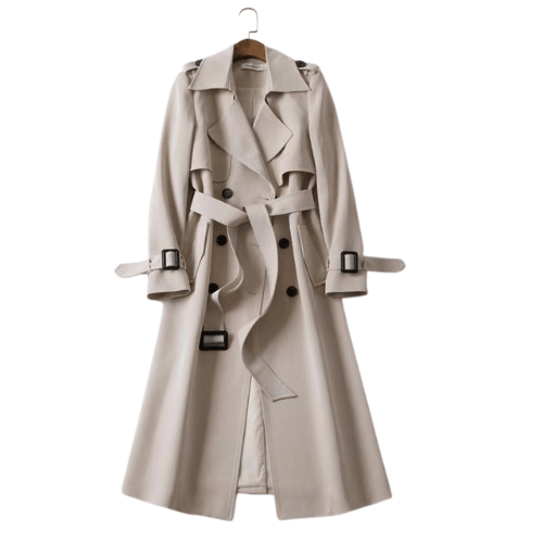 Khaki women's vintage trench coat, a stylish midi jacket perfect for classic autumn & winter outerwear.