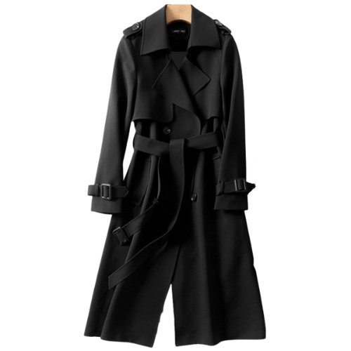 Black women's vintage trench coat, an elegant midi jacket in a classic modern style for outerwear.