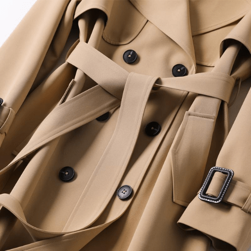Vintage women's trench coat in classic style, versatile outerwear available in beige, blue, black, khaki.