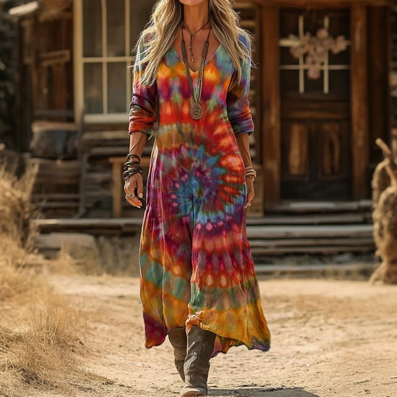 Effortless women's tie-dye long sleeve dress. Vintage casual style perfect for comfortable bohemian summer fashion.