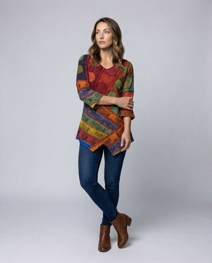 Women's vintage V-neck long sleeve top in classic black, offering effortless elegance.