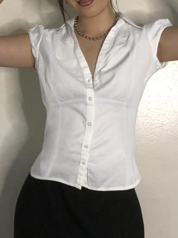 Close-up of women's vintage V-neck short sleeve white shirt
