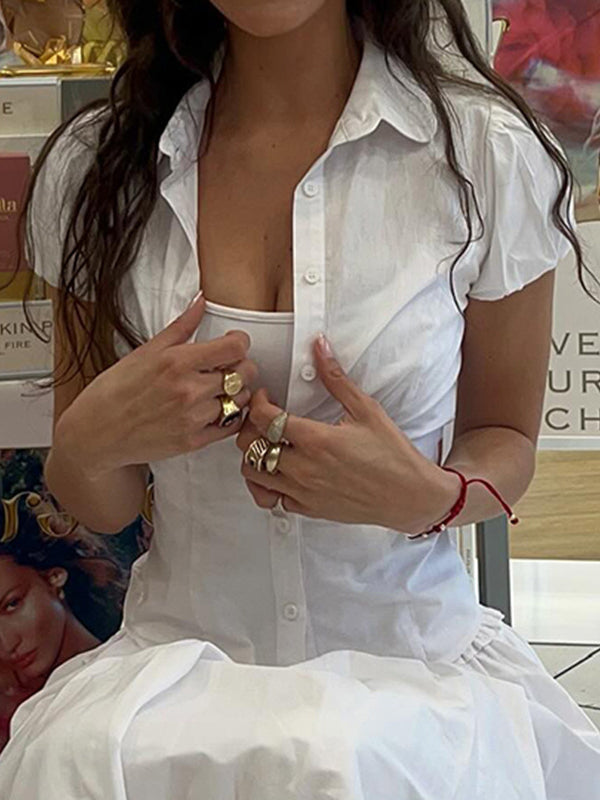 Model wearing a women's vintage V-neck slim waist short sleeve top
