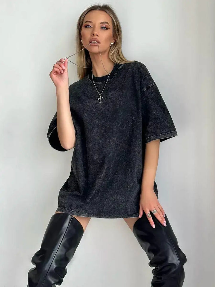 Women's vintage wash oversized crewneck tee, perfect for casual everyday wear.