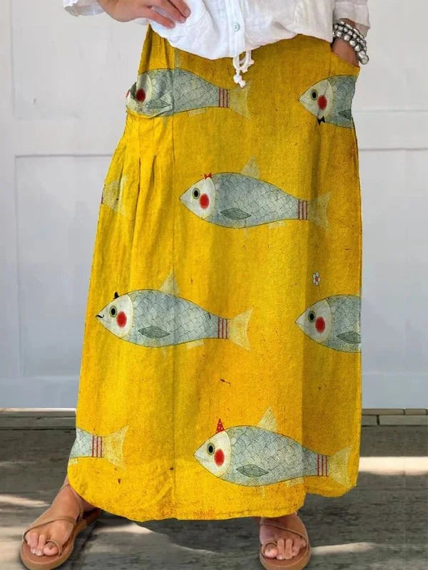 Women's vintage yellow fish print maxi skirt with pockets, flowy & casual for summer vacation.